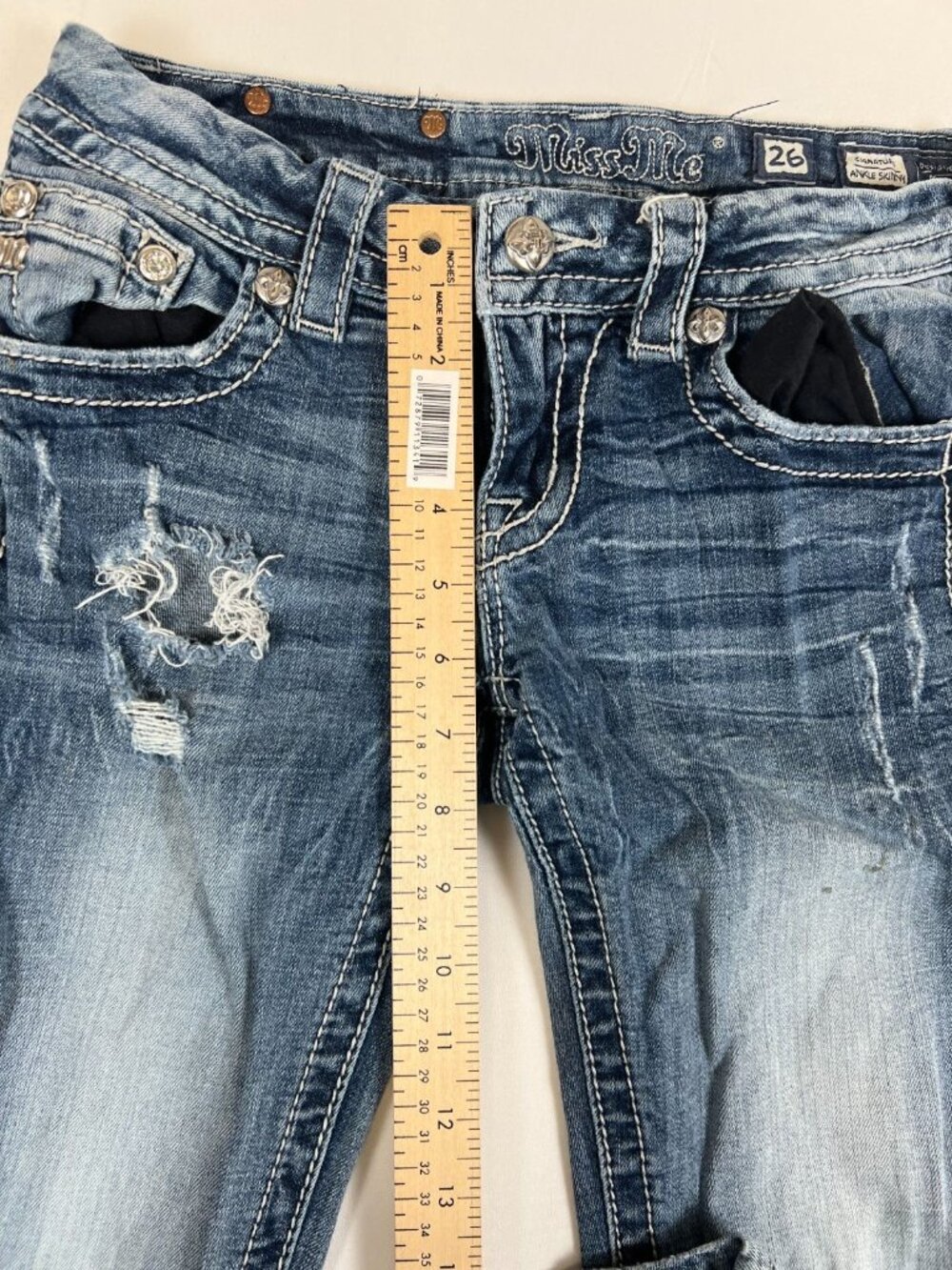 Miss Me Women 26 29 Inseam Ankle Skinny Blue Denim Distressed Embellished Pocket - Picture 7 of 11